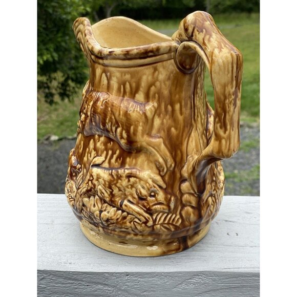 Rare Antique Bennington Rockingham Dog Handle Hunt Scene Pitcher Yellow ware - Picture 4 of 16